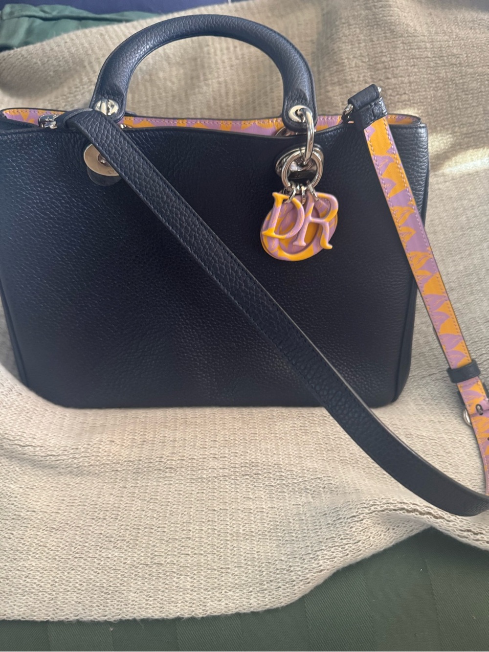Dior Navy Leather Top-Handle Women’s Bag with Yellow/pink lilac Accent